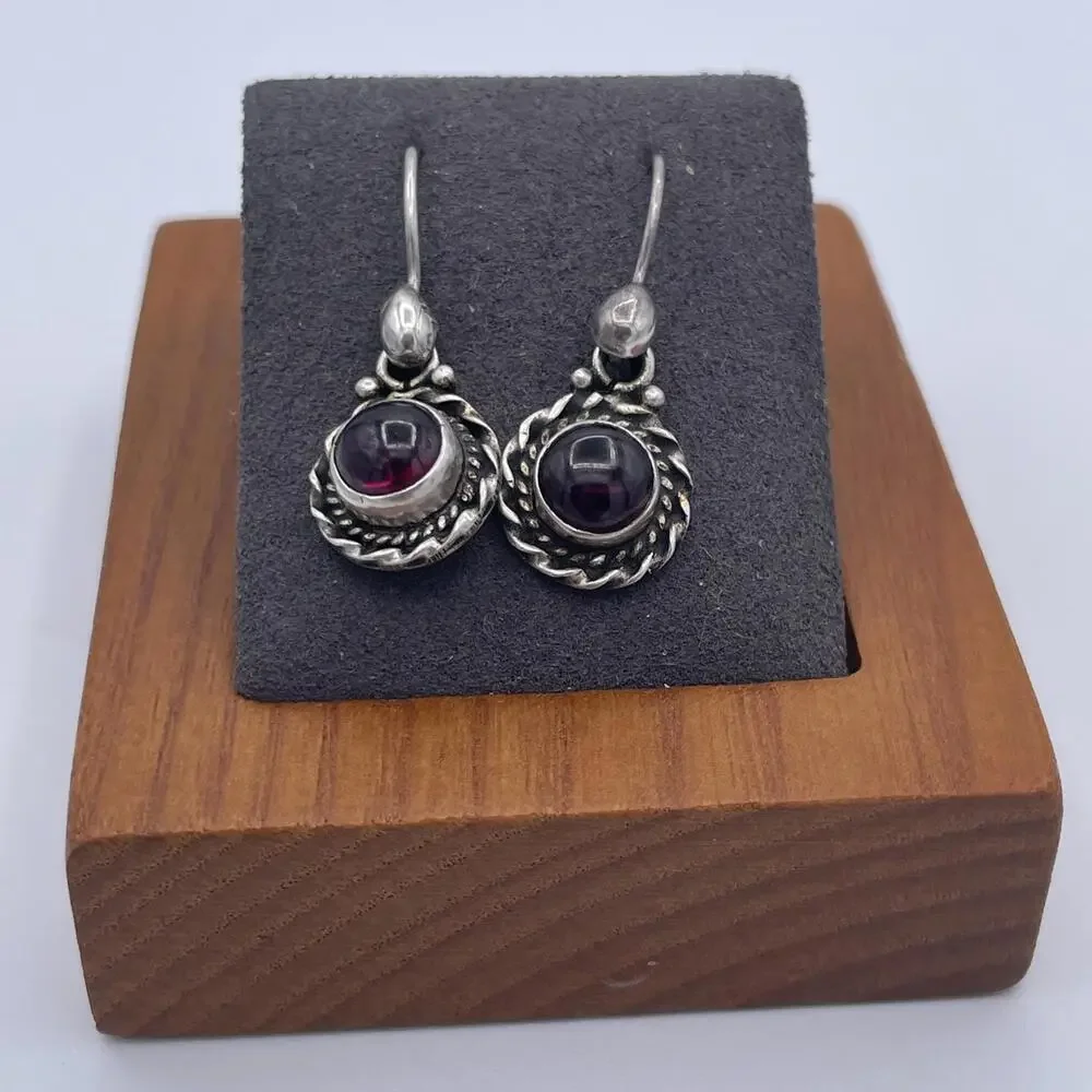 Vintage Sterling Silver Rhodolite Garnet Cabochon Drop Earrings 925 Artisan